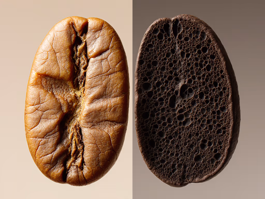 Coffee bean density visual showing cellular structure differences between light and dark roasts
